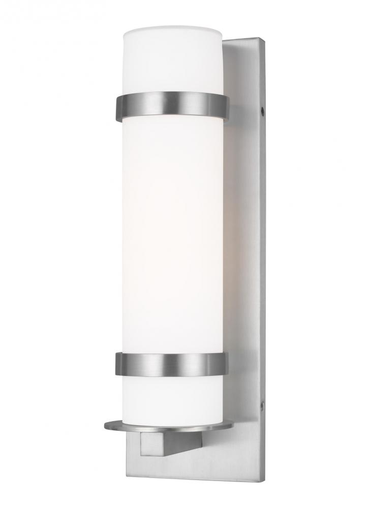 Alban modern 1-light outdoor exterior medium round wall lantern in satin aluminum silver finish with