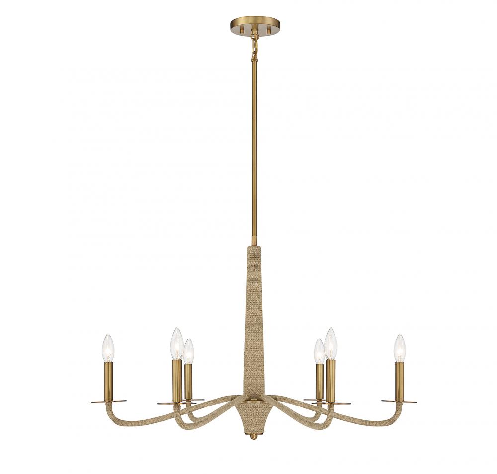 Cannon 6-Light Chandelier in Warm Brass and Rope