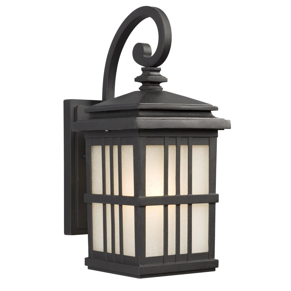 1-Light Outdoor Wall Mount Lantern - Black with Frosted Seeded Glass